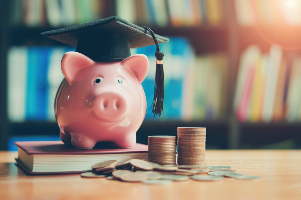 Piggy bank with academic cap on top of books